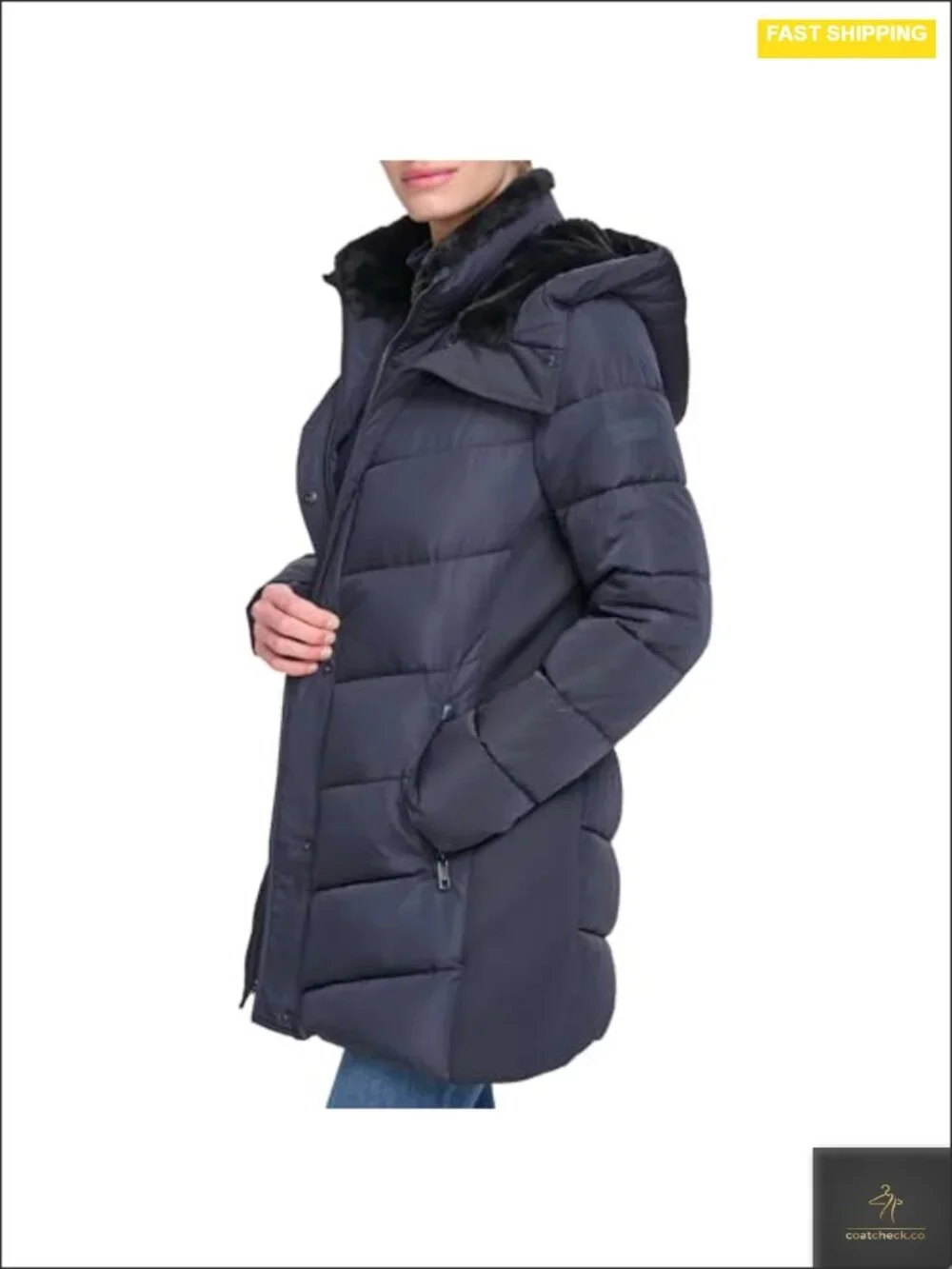 Women's Long Quilted Jacket with Faux Sherpa Hood and Bib